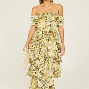 Cinq A Sept Eleonora Yellow Floral Off-The-Shoulder Ruffle Maxi Dress